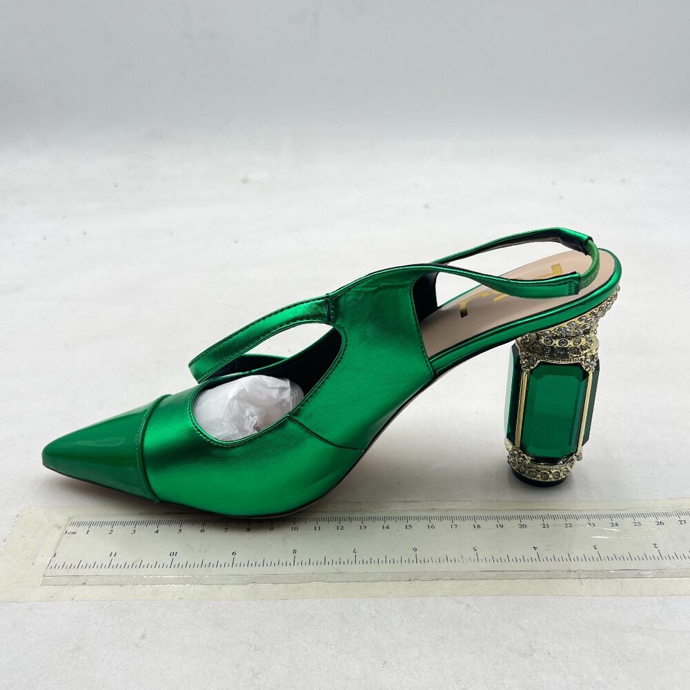 FSJ Green Slingback Crystal High Heel Pointed Toe Ankle Strap Dress Pumps - Picture 2 of 8